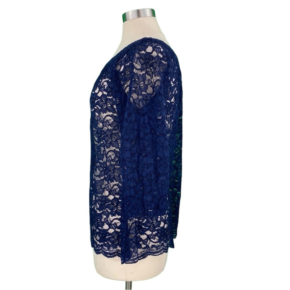 Diane Von Furstenberg DVF Elisabetta Navy Blue Sheer Floral Lace Dressy Blouse - Picture 12 of 16